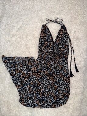 Navy Floral Halter Maxi Dress with Blue and Orange Flowers